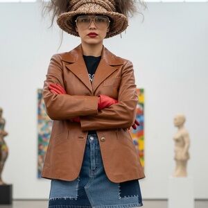 Vintage Leather Blazer Jacket 70s Caramel Brown Mob Wife Western M/L Cowgirl